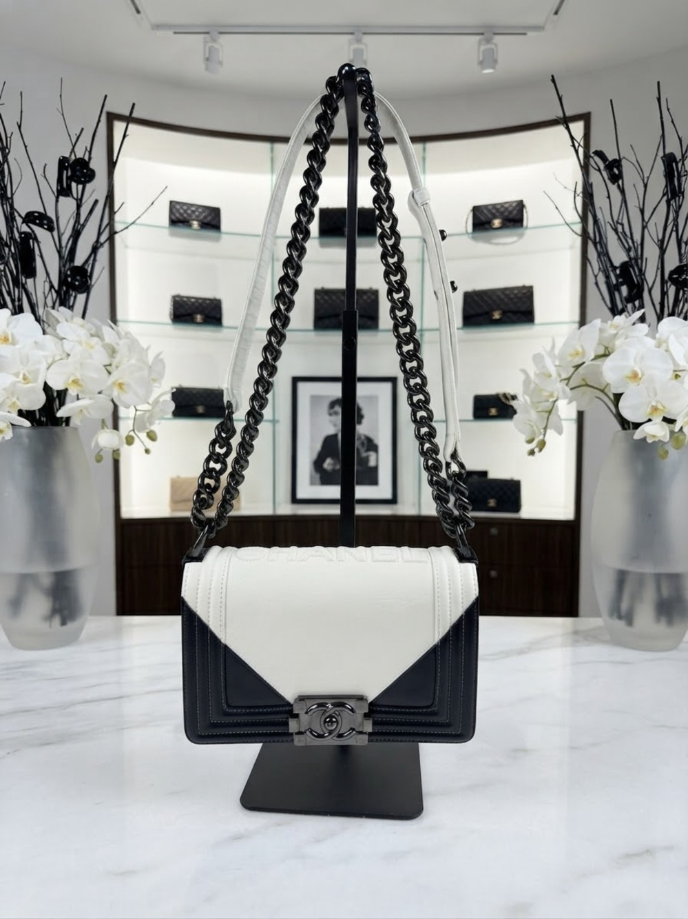 Authentic Chanel Boy Handbag Black & White Leather Ruthenium Hardware
